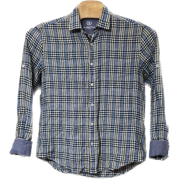 Bugatchi Shaped Fit L Shirt‎ Blue Plaid L/S Linen Flip Cuff SEE MEASUREMENTS - Picture 1 of 4